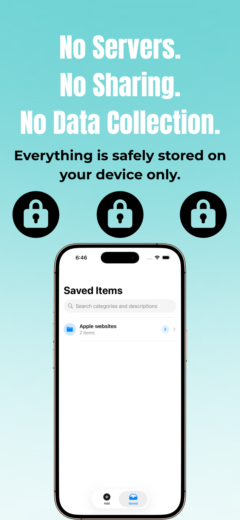 ShareItSaveIt iPhone app showing a clean private bookmark organizer